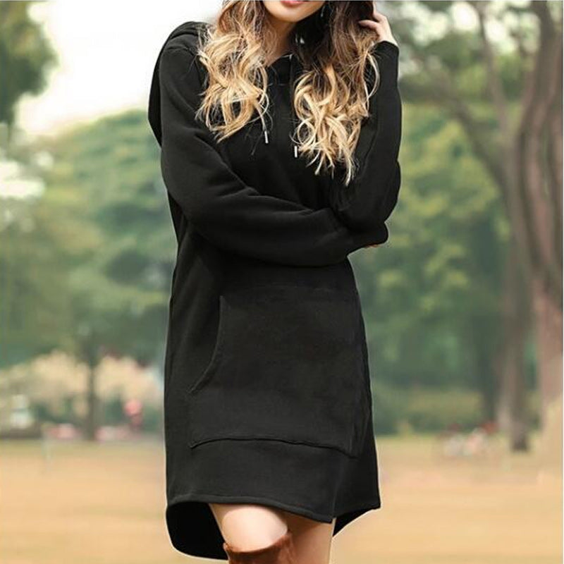 Solid Pocket Long-sleeved Hoody Dress